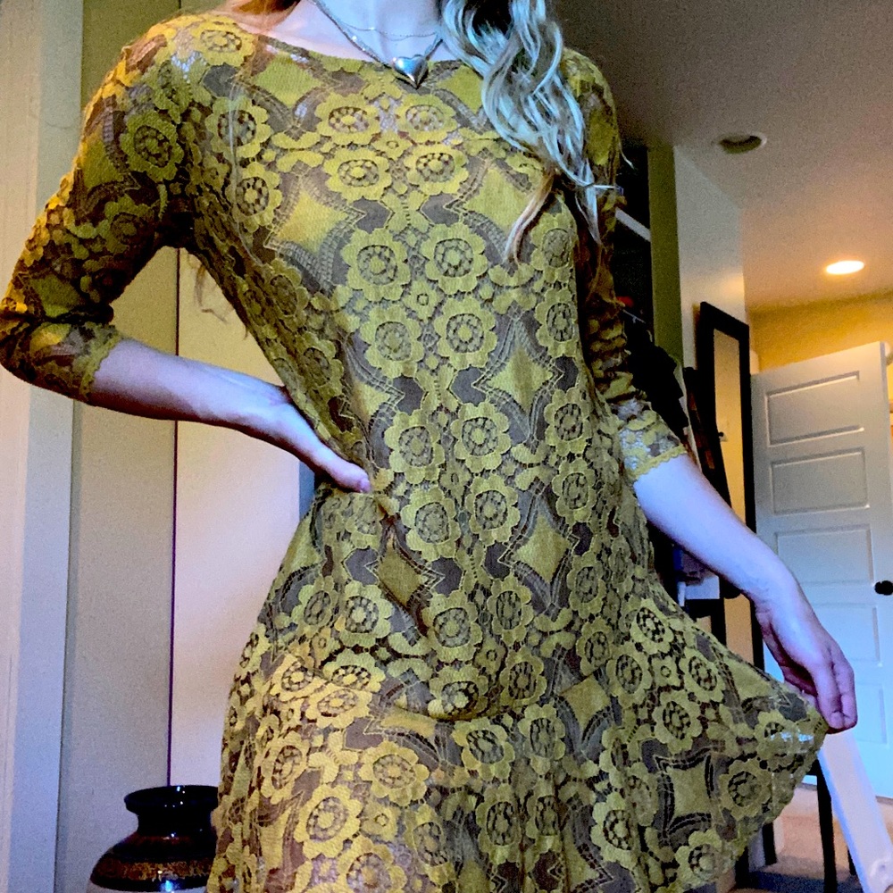 Free people lace 3/4 sleeve yellow dress
